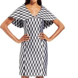 B MICHAEL America Red Collection Jacquard Metallic Cape Shoulder Dress, Size 16